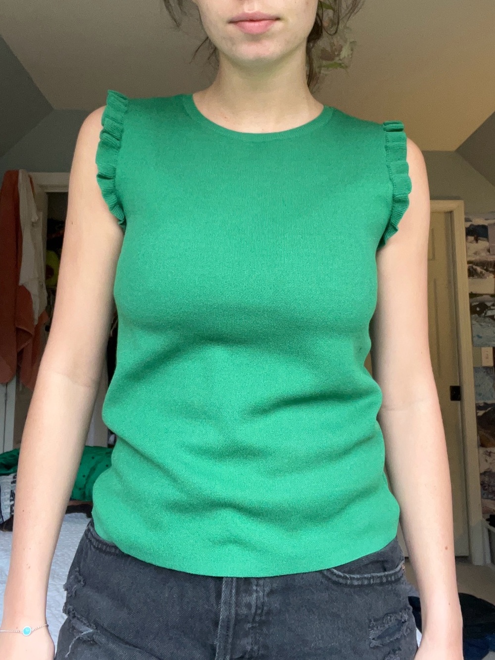 Ann Taylor Emerald Green Ruffle Sleeve Knit Tank